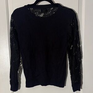 Black Lace-Sleeve Crewneck Sweater